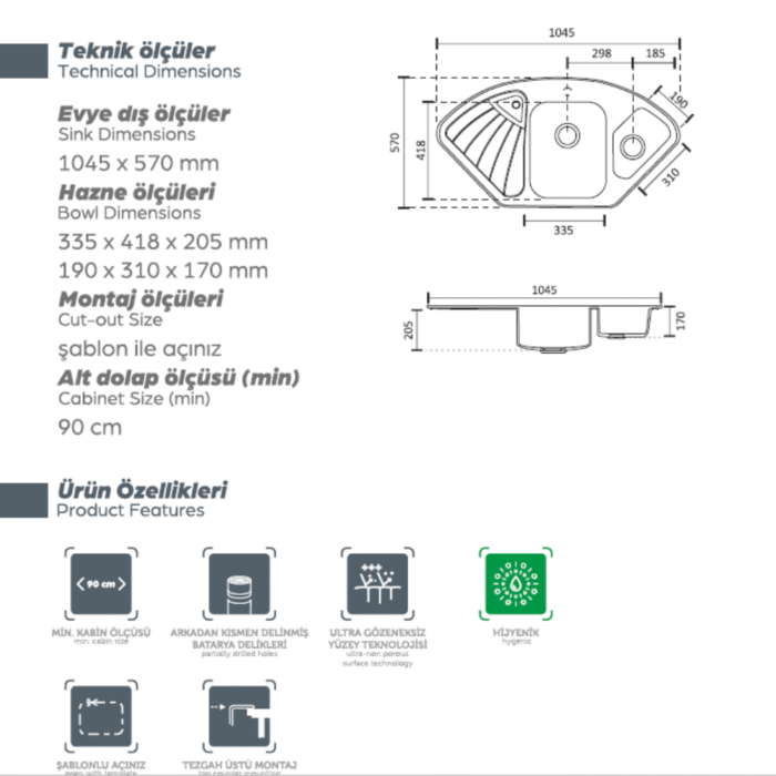 Polex Tezgah Üstü / Altı Montaj Granit Evye PCR1 105X54 - Görsel 7